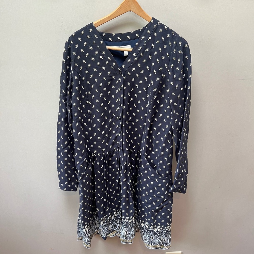 Garnet Hill Floral Print Dress Long Sleeve Pockets Navy Blue Size 0